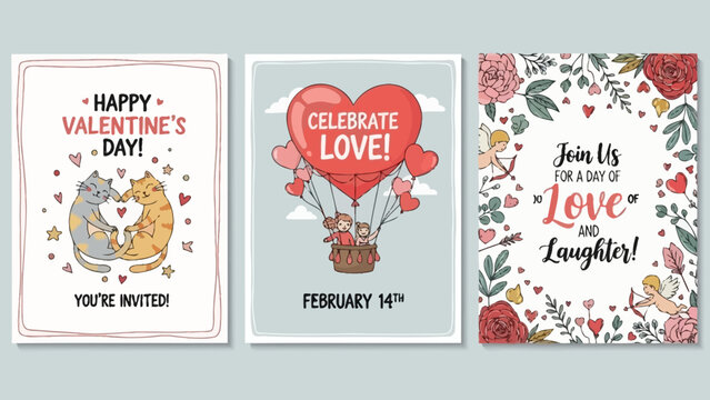バレンタインデーをテーマにした3枚の招待状カードのセット。猫のカップル、ハートの熱気球、花とキューピッドのイラストが描かれ、愛と喜びを祝うデザインです。.