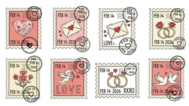 バレンタインデーをテーマにした、ハート、手紙、指輪、キューピッド、鳩などの愛らしいイラストが描かれた8種類の切手セット。.