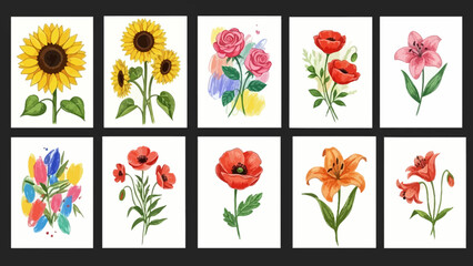 A vibrant collection of ten watercolor flower illustrations featuring sunflowers, roses, poppies, lilies, and tulips on white backgrounds.