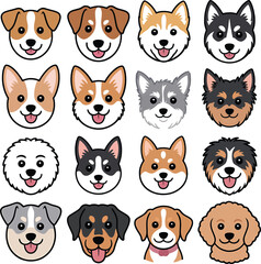 Fototapeta premium Cute Cartoon Dog Faces Various Breeds Smiling