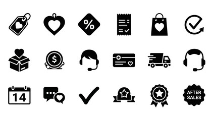 A comprehensive set of black and white e-commerce and customer service icons, including symbols for discounts, delivery, payment, support, and special offers.