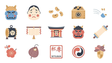 Collection of traditional Japanese cultural and religious icons, including Setsubun festival elements like Oni masks, soybeans, and torii gates. © Melin
