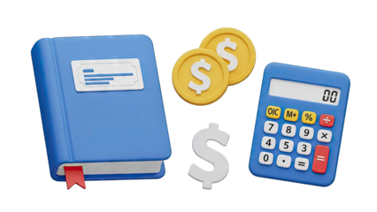 Blue Calculator, Book, and Coins with Dollar Signs