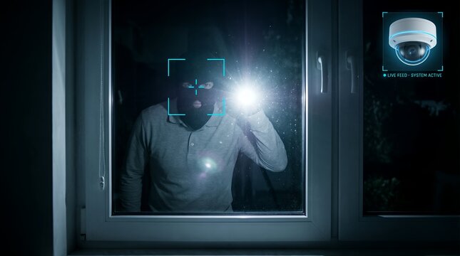 Thief use crowbar break into a house at window being caught by CCTV, surveillance camera. Burglar thief robbing house criminal activity robbery burglary mask crime scene stealing mugger security.