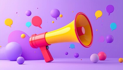 Vibrant 3D rendering of a megaphone with colorful speech bubbles on a purple background