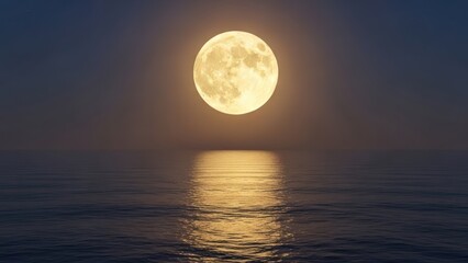 Radiant golden full moon over calm dark ocean, its shimmering reflection stretching across the surface