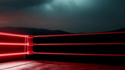 Dramatic boxing ring scene with red light, capturing tension and anticipation before a match against a stormy backdrop