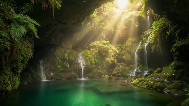 Explore a hidden cave with sunlight illuminating lush greenery and serene waterfalls in a vibrant natural landscape