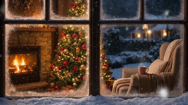Cozy winter evening with snowflakes falling and a warm fire crackling for ultimate relaxation