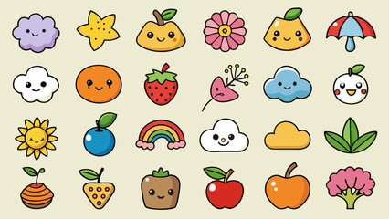 Adorable Hand-Drawn Kawaii Emojis - Bold Outline Vector Sticker Pack, Minimalist Kawaii Planner Icons - Cute Vector Characters for Digital Stickers, Minimalist Kawaii Planner Icons - Cute Vector Chara