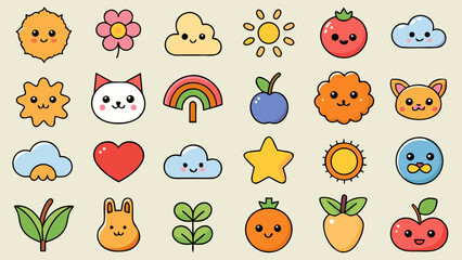 Adorable Hand-Drawn Kawaii Emojis - Bold Outline Vector Sticker Pack, Minimalist Kawaii Planner Icons - Cute Vector Characters for Digital Stickers, Minimalist Kawaii Planner Icons - Cute Vector Chara