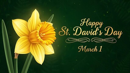 Yellow Daffodil Flower with St Davids Day Greeting on Green Background petals