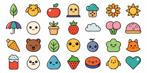 Adorable Hand-Drawn Kawaii Emojis - Bold Outline Vector Sticker Pack, Minimalist Kawaii Planner Icons - Cute Vector Characters for Digital Stickers, Minimalist Kawaii Planner Icons - Cute Vector Chara