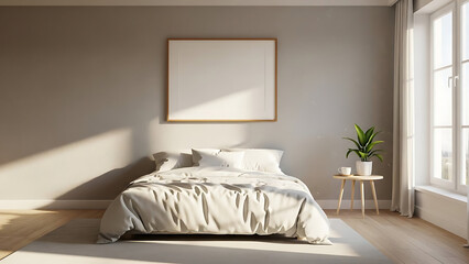 Bedroom design featuring cozy bed and framed artwork on wall creating serene and inviting sleep sanctuary bathed in soft natural sunlight