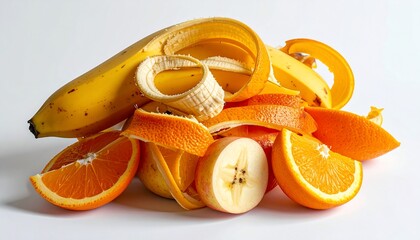 Pile of fruit peels and sliced fruit rests on a white surface, natural light