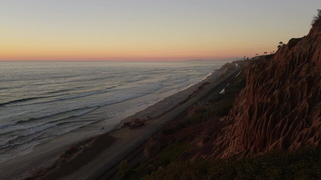Del Mar California landscape with train tracks, Pacific Coaster approaching.