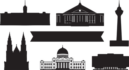 Black and white illustration of various architectural silhouettes including buildings and monuments