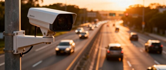Surveillance camera on highway at sunset