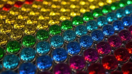 Rows of small, sparkling, colorful spheres creating a vibrant rainbow gradient, blurred in the background