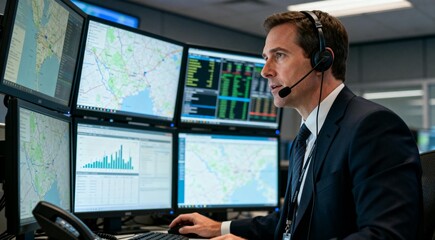 Man in suit working at multimonitor workstation