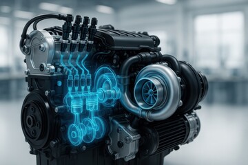 Engine in Motion: A complex engine highlighted with a visualization, showcasing the intricate internal workings, illustrating the mechanical heart of modern technology.