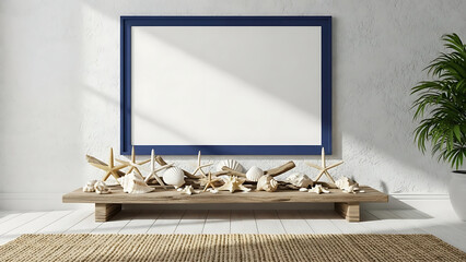 Coastal interior with beach decor white frame and nautical theme bright space and natural elements summer vibe and seaside decoration