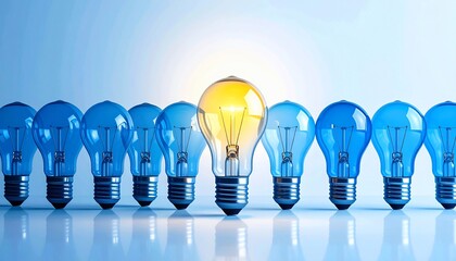 A row of blue bulbs with one glowing yellow bulb, symbolizing an idea