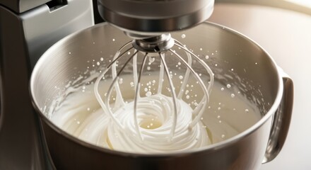 A stand mixer whipping fluffy white cream at high speed, with soft peaks forming, captured with a slight motion blur to show the whirlwind action.