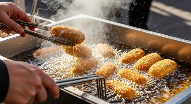A street vendor preparing kroketten in a sizzling fryer, golden breadcrumbs bubbling in hot oil with steam and motion effects.