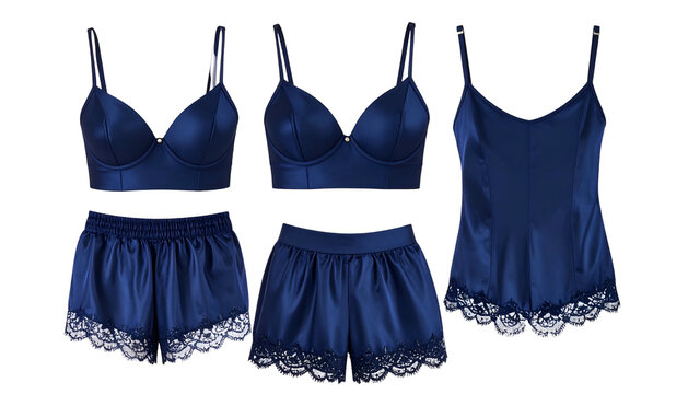 Three navy blue satin lingerie sets featuring bralettes, shorts, and a camisole