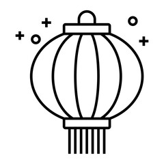 Chinese hanging paper lantern outline icon with sparkles isolated on transparent background.