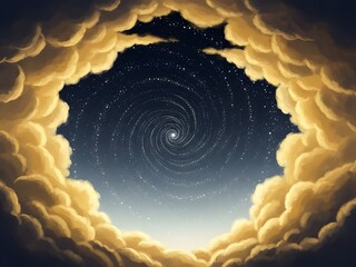 surreal celestial artwork showing a glowing galactic spiral tunnel emerging from a dark night sky surrounded by thick warm golden clouds illuminated by unseen light source dreamy digital painting atmo