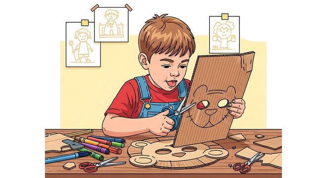 Young boy painting on cardboard at table.