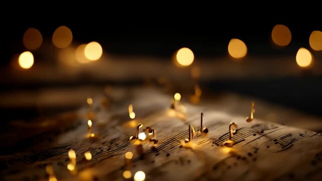 Dreamy musical notes dancing above a glowing sheet of music, capturing the essence of a nighttime symphony