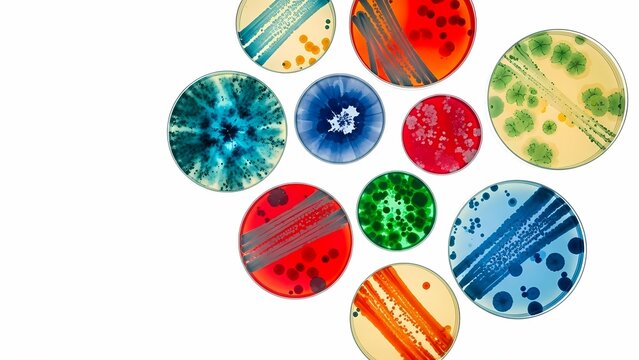 Vibrant bacteria colonies vividly flourish in circular petri dishes