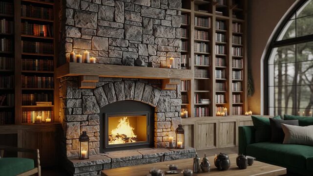 Cozy library ambiance with fireplace and candlelight for relaxation and inspiration in serene settings