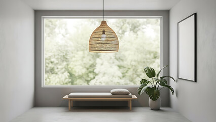 Minimalist interior with large window natural light and indoor plant serene design calm atmosphere and simple decor modern home setting