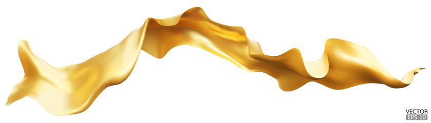Flying golden silk textile fabric flag background. Smooth elegant gold Satin Isolated on white Background for grand opening ceremony. Golden curtain. 3d vector illustration