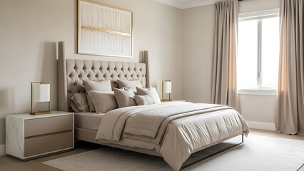 Modern bedroom with tufted headboard ambient lighting neutral tones and luxurious bedding contemporary home decor elegant design and comfortable setting