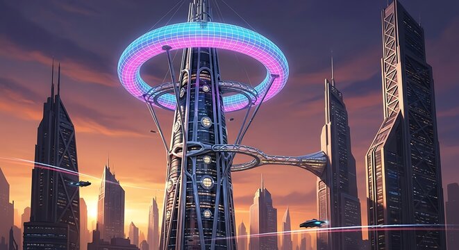 Futuristic Cityscape with Neon Tower Structure.