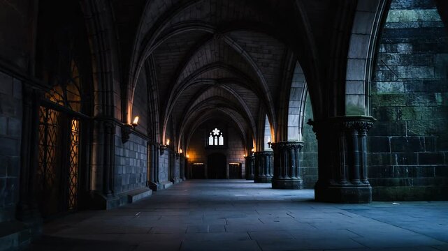 Explore the enchanting allure of a medieval corridor illuminated by flickering torchlight
