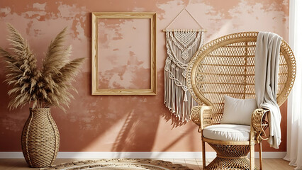 Boho style room showcases peach textured wall, natural wooden frame, and wicker chair with dried grass decor in bohemian inspired interior