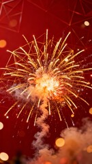 Obraz premium A vibrant display of golden fireworks bursting against a deep red sky creating a dynamic and celebratory scene with trails of light and smoke.
