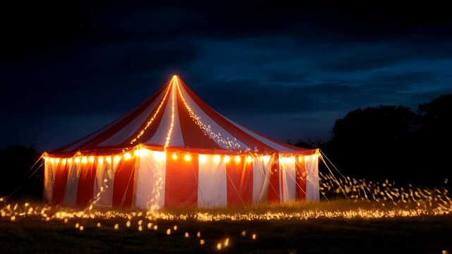 Enchanting circus tent glowing at dusk, inviting joy and wonder in a magical landscape atmosphere