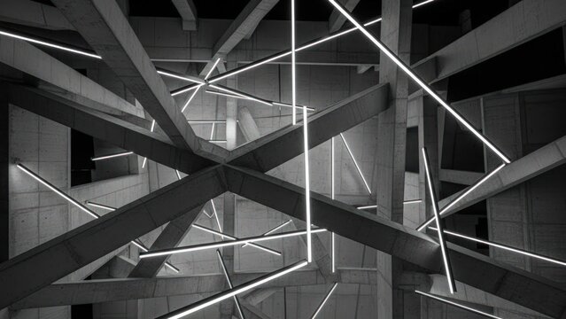 Geometric concrete structures crisscross, illuminated by stark linear lights in an abstract, dark interior