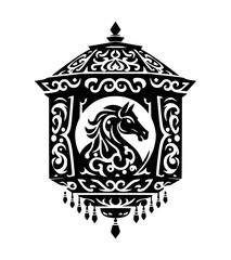 Black and white illustration of an ornate lantern with a horse design for Chinese New Year celebrations on a plain background.