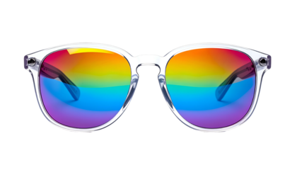 Eyeglasses with transparent frames and lenses displaying a vibrant rainbow color gradient