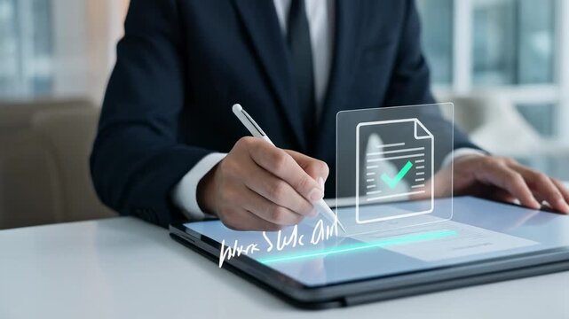 Professional signing documents on a tablet showcasing the efficiency of digital solutions for businesses