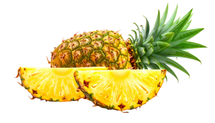 A whole ripe pineapple with two slices, featuring yellow flesh and green spiky leaves