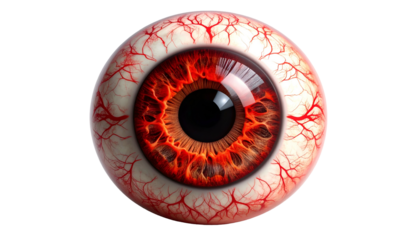 A close-up of a human eye with a fiery iris and a web of red veins, isolated on black